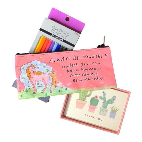 Pink Unicorn Pencil Case Cactus Card Bundle - Picture 1 of 8